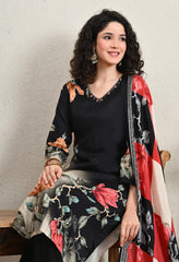 Black Floral Printed Muslin Hand Embroidered suit - Set of 3