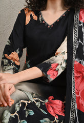 Black Floral Printed Muslin Hand Embroidered suit - Set of 3