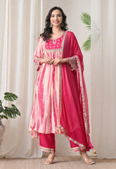 Cream Pink Crepe Zari Work A-Line Suit- Set of 3