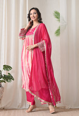 Cream Pink Crepe Zari Work A-Line Suit- Set of 3