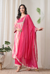 Cream Pink Crepe Zari Work A-Line Suit- Set of 3