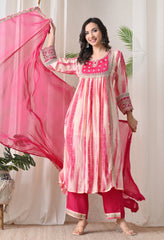 Cream Pink Crepe Zari Work A-Line Suit- Set of 3