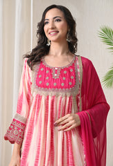 Cream Pink Crepe Zari Work A-Line Suit- Set of 3