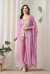 Lavender Shimmer Silk Zari Embroidered Indo-Western Set -Set of 3