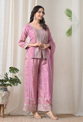 Lavender Shimmer Silk Zari Embroidered Indo-Western Set -Set of 3