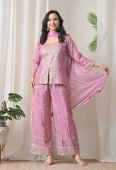 Lavender Shimmer Silk Zari Embroidered Indo-Western Set -Set of 3
