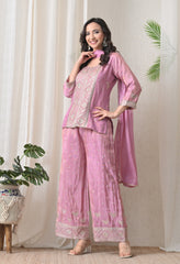 Lavender Shimmer Silk Zari Embroidered Indo-Western Set -Set of 3