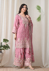 Blush Pink Chinon Zari Work Floral Sharara Suit- Set of 3