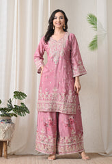 Blush Pink Chinon Zari Work Floral Sharara Suit- Set of 3