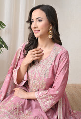 Blush Pink Chinon Zari Work Floral Sharara Suit- Set of 3
