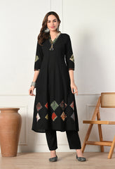 Black A-Line Ajrakh Print Patch work Flex Cotton Suit- Set of 3