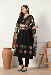 Black A-Line Ajrakh Print Patch work Flex Cotton Suit- Set of 3