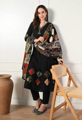 Black A-Line Ajrakh Print Patch work Flex Cotton Suit- Set of 3