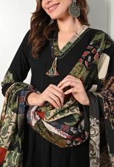 Black A-Line Ajrakh Print Patch work Flex Cotton Suit- Set of 3