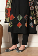 Black A-Line Ajrakh Print Patch work Flex Cotton Suit- Set of 3