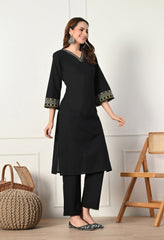 Black Cotton Flex Embroidered Suit- Set of 3