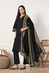 Black Cotton Flex Embroidered Suit- Set of 3