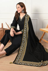 Black Cotton Flex Embroidered Suit- Set of 3