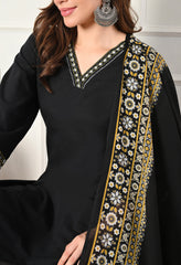 Black Cotton Flex Embroidered Suit- Set of 3
