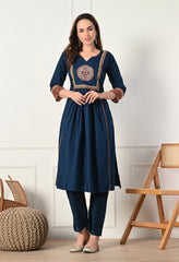 Blue A-Line Mirror and Ajrakh Print Patch Work Cotton suit- Set of 3