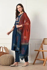 Blue A-Line Mirror and Ajrakh Print Patch Work Cotton suit- Set of 3
