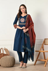 Blue A-Line Mirror and Ajrakh Print Patch Work Cotton suit- Set of 3