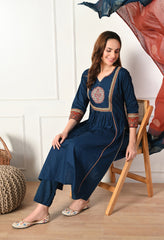 Blue A-Line Mirror and Ajrakh Print Patch Work Cotton suit- Set of 3