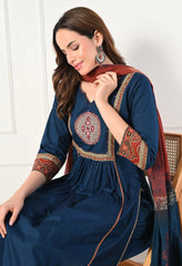 Blue A-Line Mirror and Ajrakh Print Patch Work Cotton suit- Set of 3