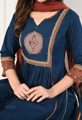 Blue A-Line Mirror and Ajrakh Print Patch Work Cotton suit- Set of 3