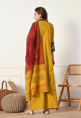 Mustard A-Line Mirror Work Ajrakh Print Cotton suit- Set of 3