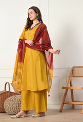 Mustard A-Line Mirror Work Ajrakh Print Cotton suit- Set of 3