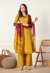 Mustard A-Line Mirror Work Ajrakh Print Cotton suit- Set of 3