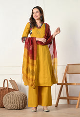 Mustard A-Line Mirror Work Ajrakh Print Cotton suit- Set of 3