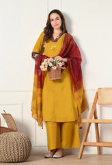 Mustard A-Line Mirror Work Ajrakh Print Cotton suit- Set of 3