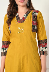 Mustard A-Line Mirror Work Ajrakh Print Cotton suit- Set of 3