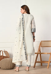 Luxurious Cream Cotton Embroidered Suit- Set of 3