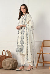 Luxurious Cream Cotton Embroidered Suit- Set of 3