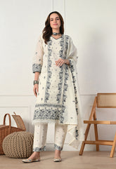 Luxurious Cream Cotton Embroidered Suit- Set of 3