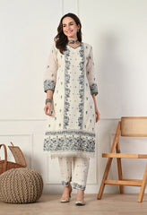 Luxurious Cream Cotton Embroidered Suit- Set of 3