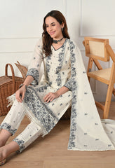 Luxurious Cream Cotton Embroidered Suit- Set of 3