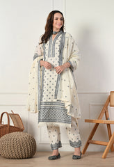 Elegant Cream Embroidered Cotton Suit- Set of 3