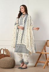 Elegant Cream Embroidered Cotton Suit- Set of 3