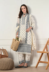 Elegant Cream Embroidered Cotton Suit- Set of 3