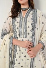 Elegant Cream Embroidered Cotton Suit- Set of 3