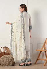 Cream Cotton Suit with Fine Embroidery- Set of 3