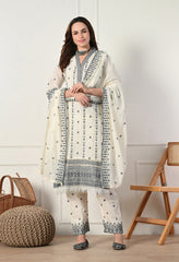 Cream Cotton Suit with Fine Embroidery- Set of 3