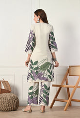 Cream Organic Cotton Kantha Work Kurta with Pants- Set of 2