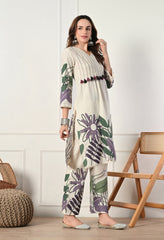 Cream Organic Cotton Kantha Work Kurta with Pants- Set of 2