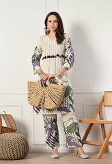 Cream Organic Cotton Kantha Work Kurta with Pants- Set of 2