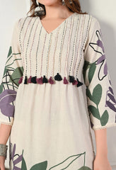 Cream Organic Cotton Kantha Work Kurta with Pants- Set of 2